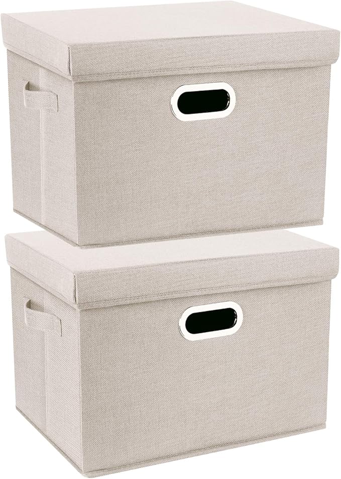 TYEERS Collapsible Storage Bins With Lids, Large Fabric Storage Boxes - 2 Pack - Beige