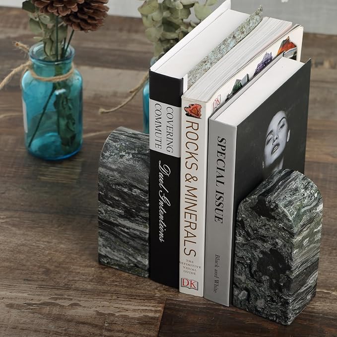 Koville Natural Marble Bookends for Shelves, Decorative Book Ends, 7lbs Heavy-Duty Marble Book Holders, Bookshelf Apartment Decor for Normal Books/CD/Video Games(Olive Green)