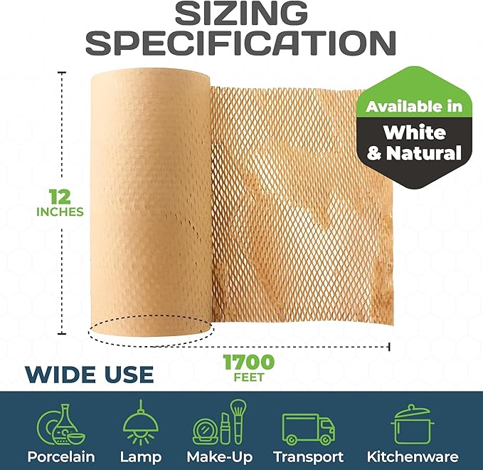 HexcelPack HexaFil Honeycomb Packing Paper - Eco-Friendly, Sustainable Filler for Shipping and Moving, Cushioned Packing Material in Dispenser Box, Alternative to Bubble Wrap - Natural, 12" x 1700'