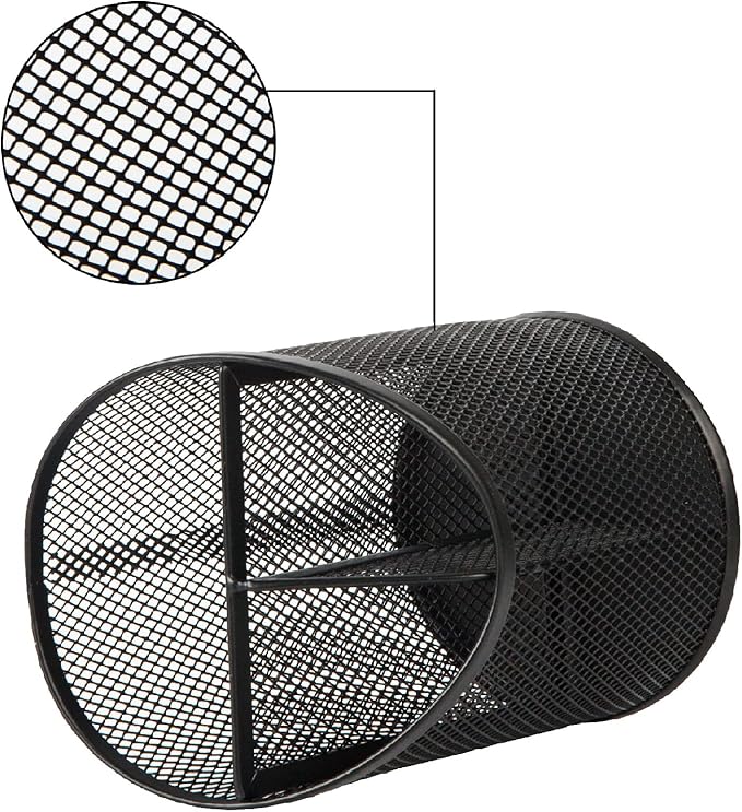 2 Pack Pen Holder Mesh Round Pencil Holder Desktop Organizer 3 Compartments, Black