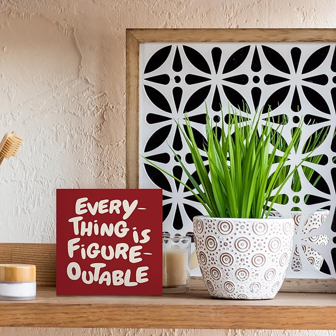 Inspirational Red Office Decor, Every Thing is Figure Outable Motivational Office Accessories Wooden Box Sign, Inspirational Gifts for Women, Men Wall Desk Shelf Tabletop Decoration 5x5In