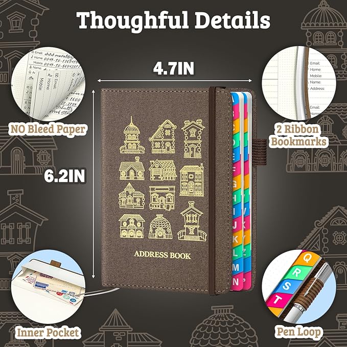 Address Book with Colorful Alphabetical Tabs (4.7" X 6.2") – Telephone Address Contact Book for Seniors, Address Book with Space for Website Address and Internet Passwords (Royal Brown)