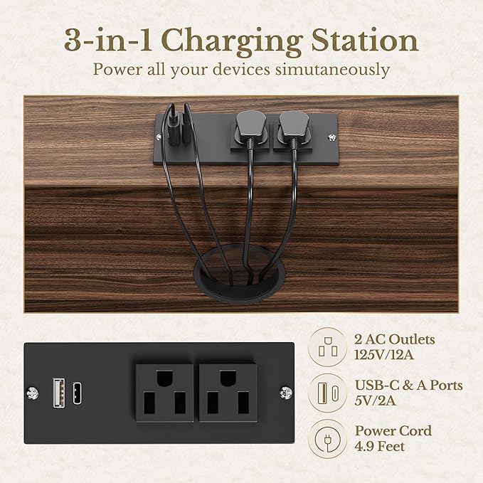 3 Drawer File Cabinet, Fluted Wood Lateral Filing Cabinet with Charging Station for Home Office, Fits for A4/Letter-Sized Files, Printer Stand with Open Storage Shelves, Black Walnut