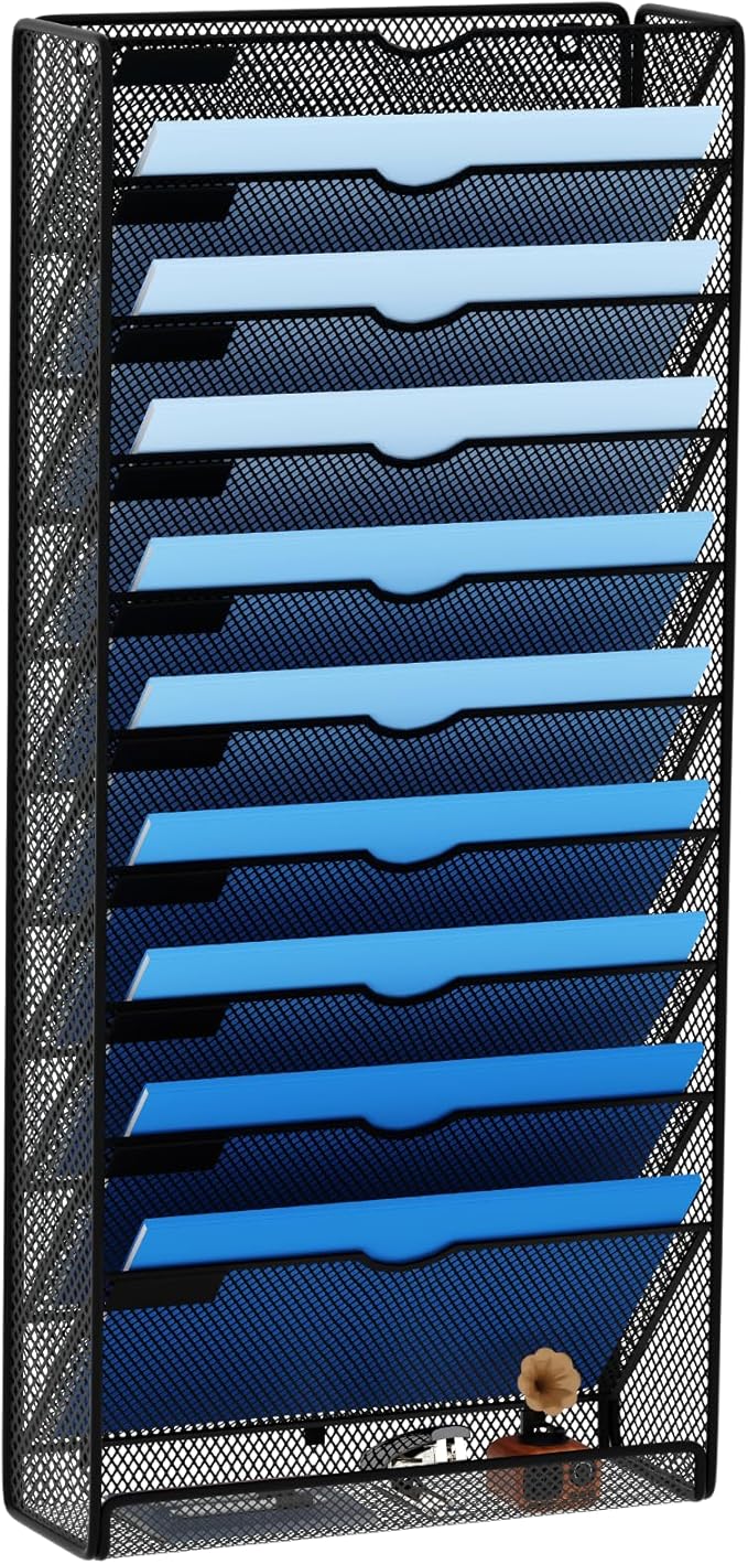 Hanging Wall File Organizer 10 Tier Wall Mounted File Holder Document Wall Organizer Magazine Organization for Office Home, Black