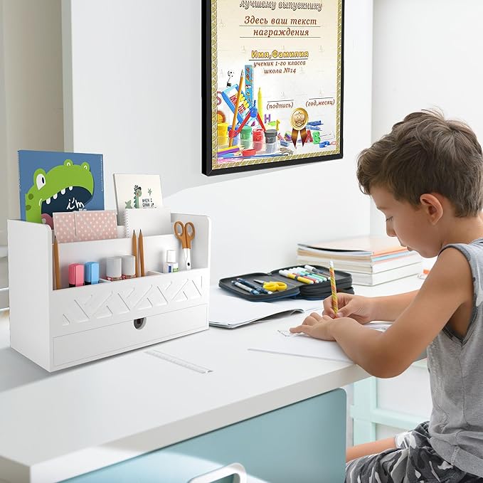 Wisuce Bamboo Mail Organizer Countertop Desktop with Drawer - Desk File Organizer for Office Supplies All-in-One Desk File Drawer with Pencil Holder for Paper Letter Envelope Bill