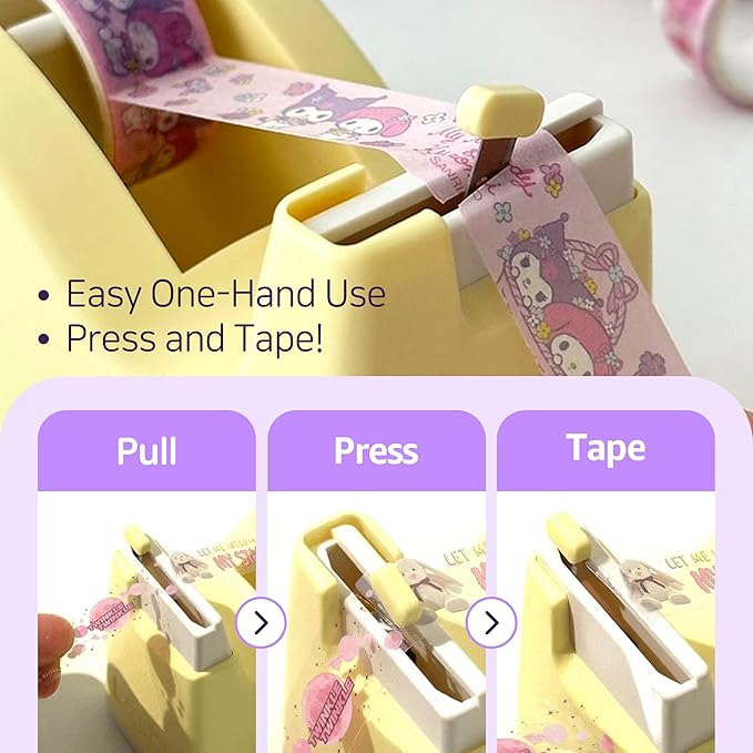 Cute Safety Tape Dispenser (White) 1" Core - Easy, One-Hand Use Roller With Hidden Blade and Non-Skid Pad - Cute School and Office Supplies - Refillable - Tape Included