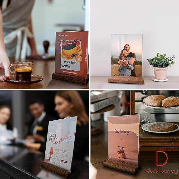 Acrylic Sign Holder 5x7" [3-PACK] | Walnut Wood Base and Crystal-Clear Acrylic Frame: Double-Sided Tabletop Display. Menu Holder, Picture Frame, Store Sign, Display Stand or Booth Display.