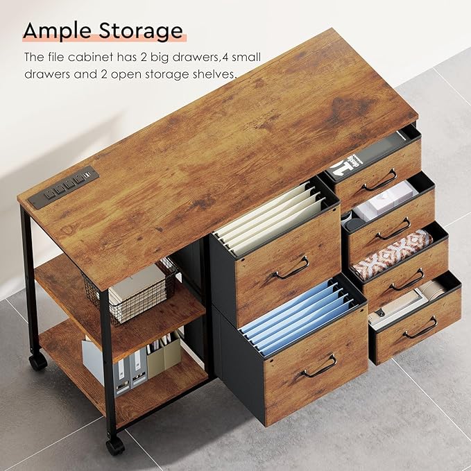 6 Drawer File Cabinet with Charging Station Rolling Printer Stand with Open Storage Shelf Fabric Lateral Filing Cabinet for Home Office,Rustic Brown2