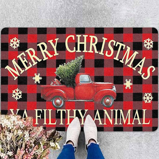 InterestPrint Merry Christmas Buffalo Plaid Truck Doormat, Red Plaid Door Mats with Non-Slip Backing Welcome Matt Outdoor Non Slip Rubber Entry Doormat Entrance Mat, 18" x 30"Inch