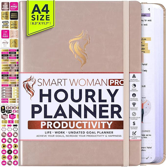 Hourly Planner - Undated Daily, Weekly & Monthly Planner with Budget Section | A 12 Month Journey to Increase Productivity & Happiness | Life Organizer & Gratitude Journal - Vertical Format