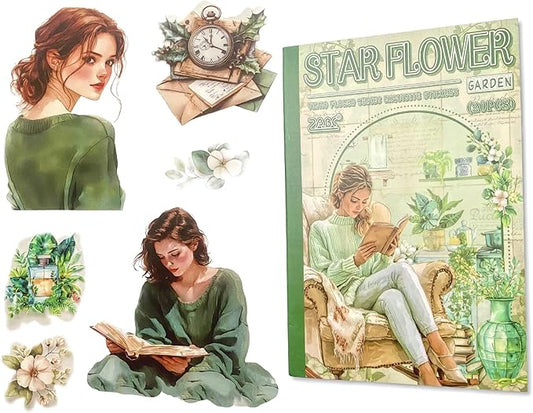 TIAMECH Star Hibiscus Garden Sticker Book - Green Girl Series, 20 Sheets PET & Washi Stickers for Scrapbooking, Ephemera, Waterproof Junk Journaling Supplies & DIY Crafts