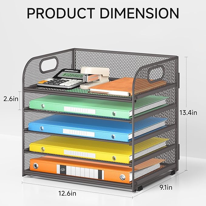 Lavatino 5 Tray Desk File Organizer, Mesh Paper Sorter Letter Tray Organizer with Handle, Desktop File Organizer and Storage for Letter/A4 Office File Folder- Grey