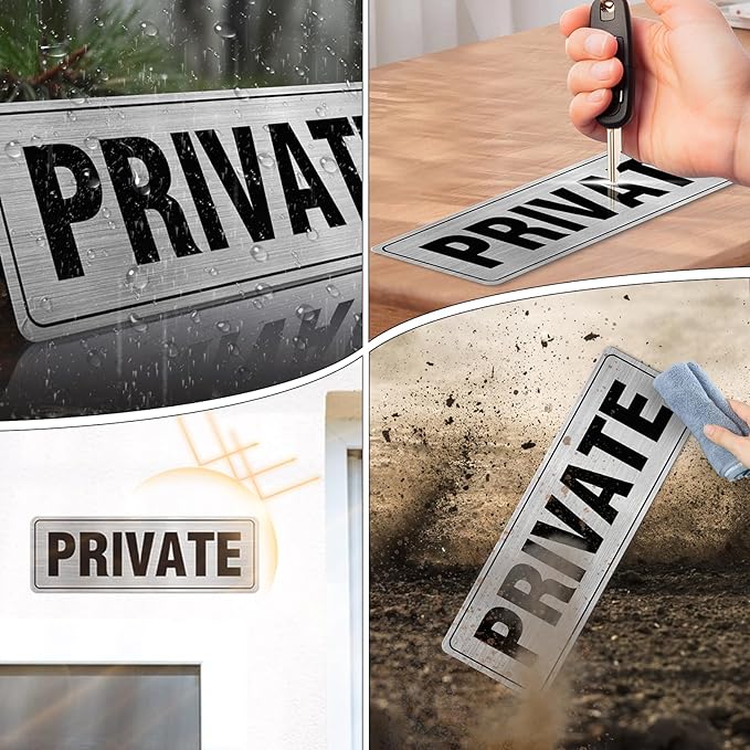 Private Sign Aluminum Silver 9 x 3 Inches Self-Adhesive Waterproof Metal Door Wall Sign for Business Offices 4 Pack