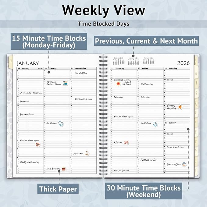 CRANBURY Daily Planner 2026, 8.5x11 Appointment Book, Jan to Dec 2026, 15-Min Hourly Scheduler, Large Planner Book with Colorful Tabs, Premium Paper (Floral)