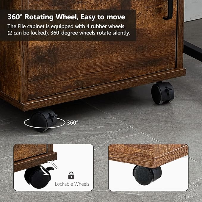 CLIPOP Rolling Storage Cabinet with Drawer, Home Office Cabinet with Lock, Under Desk Storage Cabinet for Office (Rustic Brown)