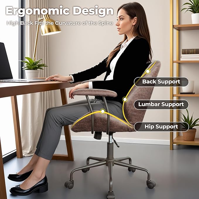 ovios Ergonomic Home Office Chair, Mid-Century Modern Faux Leather Chairs with Padded Armrests, Comfy Mid Back Swivel Rolling Executive Computer Armchair (Dark Brown, Suede Leather)