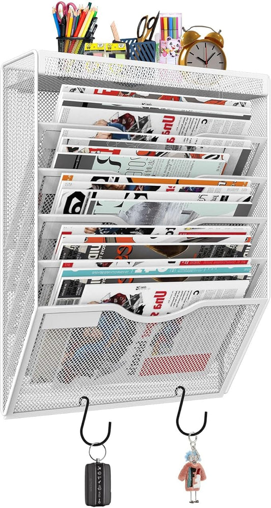 6 Tier Wall File Organizer Hanging Vertical File Organizer, Wall Mounted Mail Paper Document Folder Holder, Mesh Magazine Rack Mail Document Organizer for Office School Home