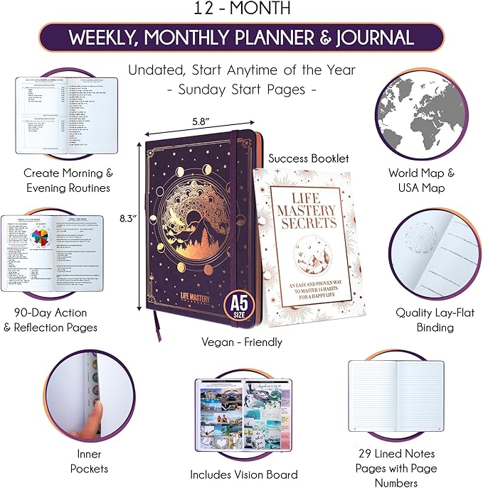 Life Mastery Planner - A 12 Month Journey to Crush Your Goals, Increase Productivity, Passion, Success & Happiness - Weekly & Monthly Life Planner, Habit-Tracker, Gratitude Journal & Organizer, A5