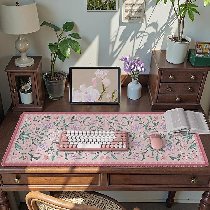 HAOCOO Pink Desk Mat, Aesthetic Flower Mouse Pad, 35.4" x 15.7" Computer Mat, Keyboard Pad Dorm Decor, Non-Slip Mouse Pad for Laptop with Stitched Edges, Home Office Desk Protector