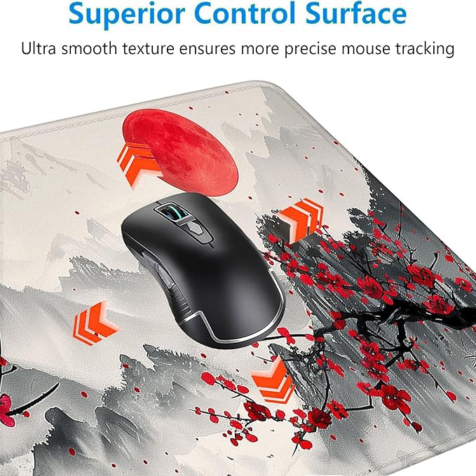 Watercolor Cherry Blossom Gaming Mouse Pad - Chinese Ink Painting Mountain Desk Mat With Stitched Edge Non-Slip Base for Office Computer Keyboard Laptop Home 31.5"x11.8"