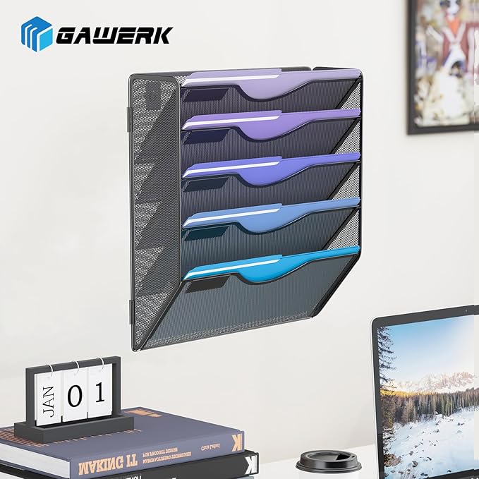 5 Tier Hanging Wall File Organizer, Mesh Mail Paper Orgnization Hanging File Folder Holder for Home Office, Black