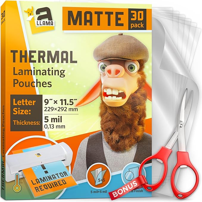 Matte Thermal Laminating Pouches, Matte Finish, 9 x 11.5 Inches, 5 Mil Thickness, 30 Pack, Fitted for Letter Size Laminating Sheets 8.5 x 11