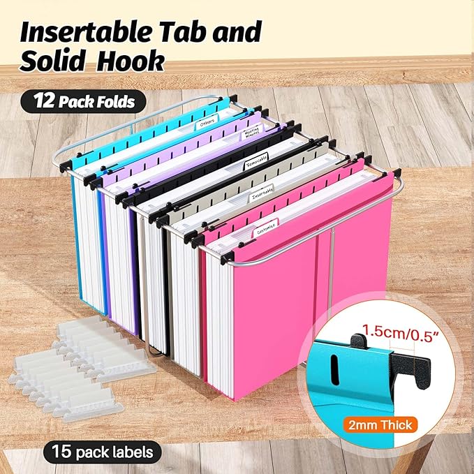 Extra Capacity Plastic Hanging File Folder,12 Pack Reinforced Hang Folders Letter Size,Heavy Duty 2 Inch Expansion,Filing Cabinet Folders,for Bulk Files, Medical Charts,Assorted Colors