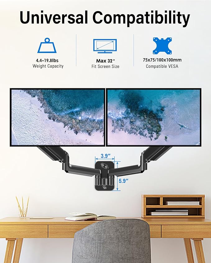 MOUNTUP Dual Monitor Wall Mount for 2 Max 32 Inch Computer Screen, Fully Adjustable Gas Spring Double Monitor Arm, Wall Mounted Monitor Holder Support 4.4-19.8lbs Display, VESA Bracket 75x75, 100x100