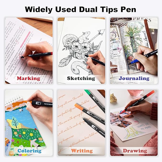 Dual Markers Brush Pens, 100 Coloring Pens and Fine Tips – Premium Art Supplies for Kids & Adults, Perfect for Coloring Books, Hand Lettering, Calligraphy, and Drawing