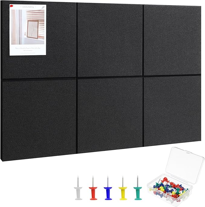 Large Cork Board 36" x 24", 6 Pack Felt Wall Tiles with 30 Pcs Pushpins, Bulletin Board with Removable Self-Adhesive Strips, Pin Boards Cork Boards for Walls Office Home Classroom Decor-Black