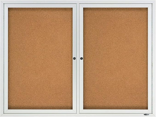 Quartet Cork Bulletin Board, 2 Glass Doors, Enclosed, 4' x 3', Outdoor Message Board, Aluminum Frame (2124)