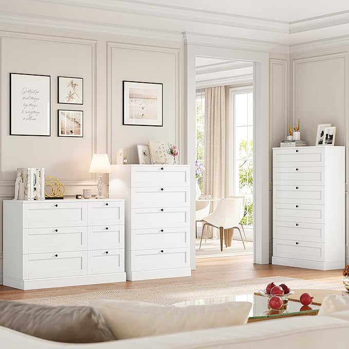 HOSTACK 6 Drawer Dresser, White Dresser for Bedroom, Wood Wide Chest of Drawers, Modern Drawer Chest for Living Room, Entryway, Hallway, White
