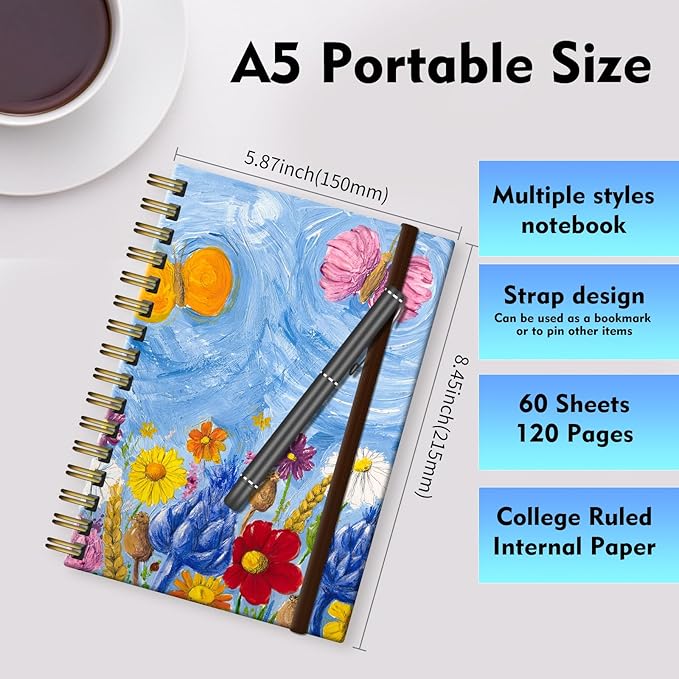 Spiral Journal Notebook, A5 Cute Notebooks for Women Men, College Ruled Hardcover Notebook for Work & Note Taking, 60 Pages Double-Wire Journals for Writing, Colorful Flowers Print