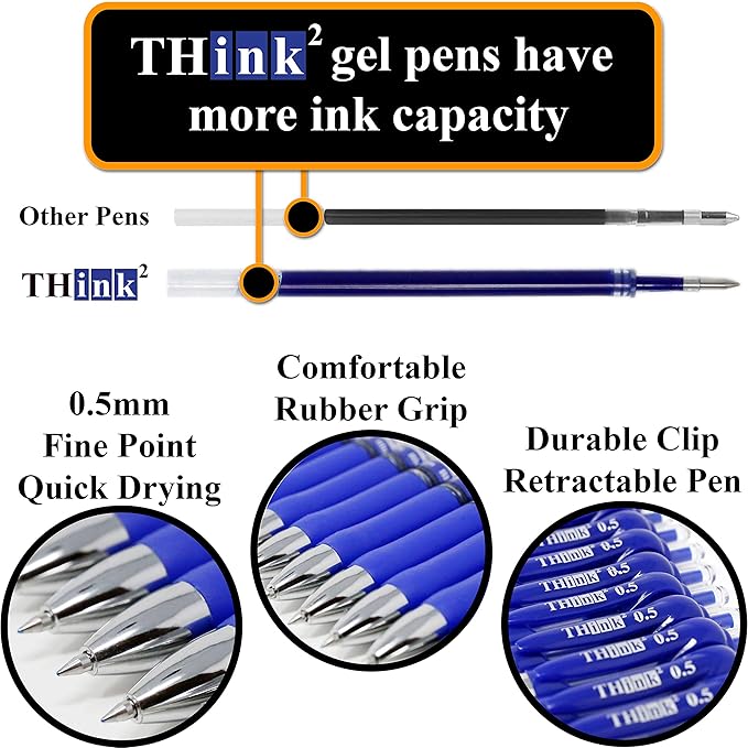 THINK2MASTER [24 Pens - Blue Ink] Think2 Retractable Gel Pens. (24 Blue) Fine Point (0.5mm) Rollerball Pens with Comfort Grip.