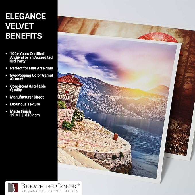 Elegance Velvet 17 in x 40 ft roll is a Premium Matte 310 gsm, Cold Pressed Bright White Museum Grade Fine Art Inkjet Paper, Compatible with Most Dye-Based and Pigment Printers