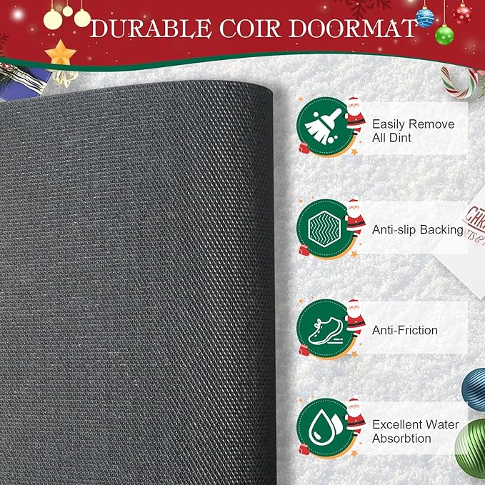 2 Pcs Christmas Welcome Doormats 30 x 17 Inch Christmas Pine Coir Door Mats for Front Doors Nonslip 2-in-1 Seasonal Buffalo Plaid Rug for Holiday Outside Entrance Porch Home Decor