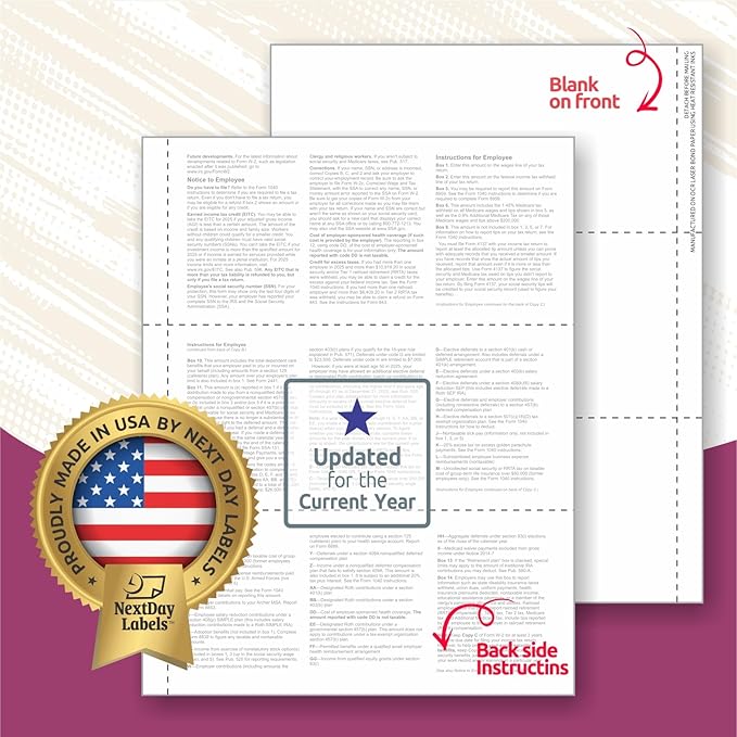 NextDayLabels - W-2 3-Up Employee Tax Forms, Instructions on Back" for 2025, for Laser/Inkjet Printer. Compatible with QuickBooks and Accounting Software ETC. (Pack of 500 Sheets)