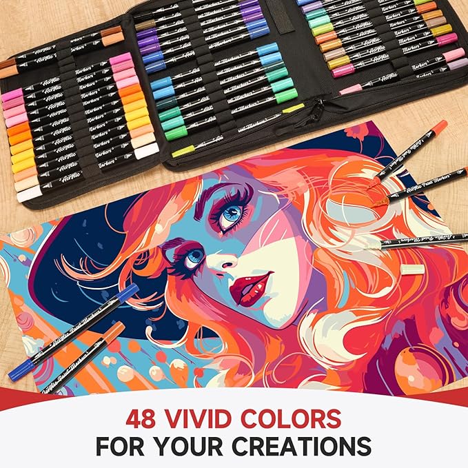 Acrylic Paint Markers, 48 Color Dual Tip Acrylic Paint Pens with Brush and Fine Tips for Rock Painting,Wood,Canvas,Ceramic,Card Making,Vibrant Color Ideal for Artists, Crafters & DIY Projects