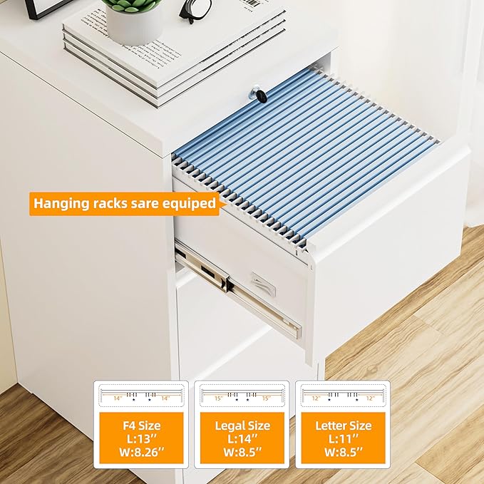 INTERGREAT 3 Drawer File Cabinet, White Metal Filing Cabinet with Lock, Locking Tall File Cabinets with 4 Adjustable Hanging Frame for Home Office