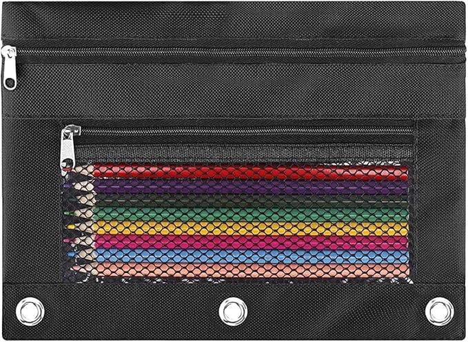 Pencil Pouch for 3 Ring Binder - Small Zipper Pen Case, Black Pencil Pouches for Boys Kids, School Supplies, 3 Hole Nylon Pencil Bag Accessories Clear Window Aesthetic Organizer