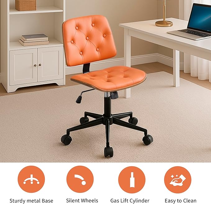 Small Armless Desk Chair – PU Leather Mid-Back Ergonomic Office Chair with Adjustable Height, Swivel Wheels, Walnut Frame, Ideal for Small Office, Study, or Bedroom, Orange