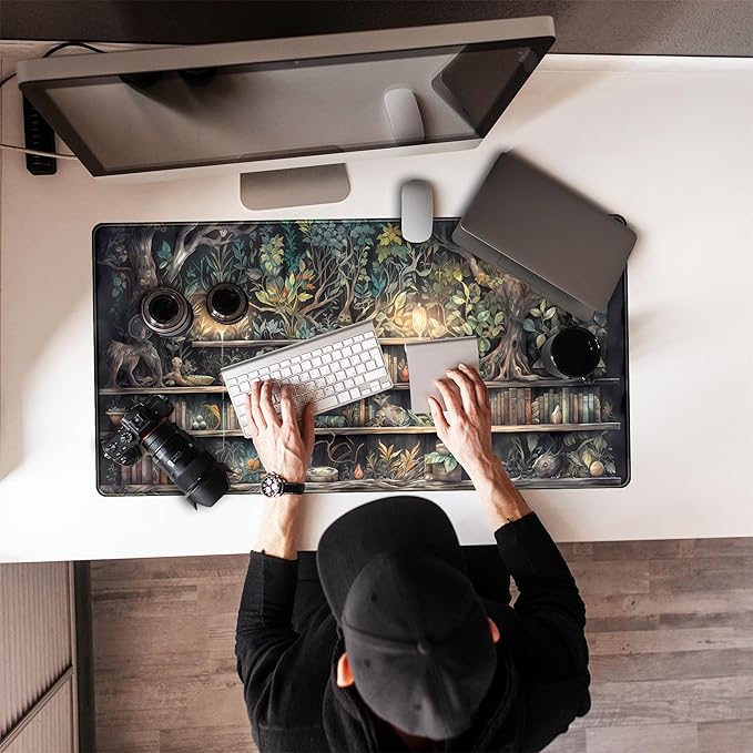 Forest Library Book Mouse Pad Desk Mat, Mystical Green Tree House XXL Extended Large Gaming Desk Pad Mousepad Computer Laptop Keyboard and Mouse Mat, Office Desk Decor Pad for Women 31.5x15.7 in