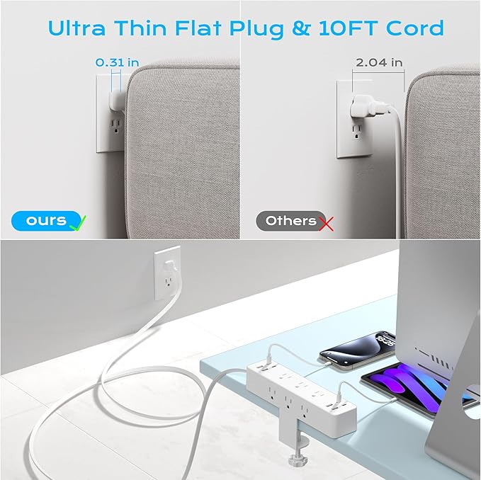 Flat Plug Desk Clamp Power Strip 10FT, 40W Total Fast Charging Station, 2 PD20W USB C Ports, Desk Edge Mount Power Strip 9 AC Outlets 8 USB Ports Surge Protector, Fit 1.7" Tabletop Edge, White