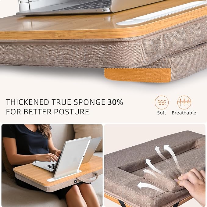 wishacc Portable Bamboo Lap Desk Tray, Natural Wood, Large 21.1 x 12.9 Inch, for Home Office