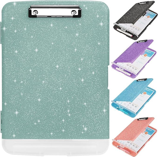 Glitter Clipboard with Storage,Storage Clipboard with Pen Holder,A4 Binder Clip Boards 8.5x11 with Low Profile Clip,Side Opening Sparkle Clipboards, Clipboards Folder for Office Supplies-Grayish Green