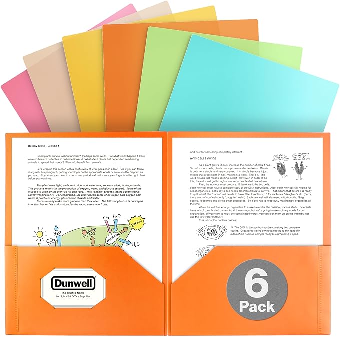 Dunwell Plastic 2-Pocket Folders, (6 Pack) Pastel Colors, 8.5x11 Folders with Pockets, Tear-Resistant Long Lasting Acid-Free Poly, Cleanable, Includes Labels