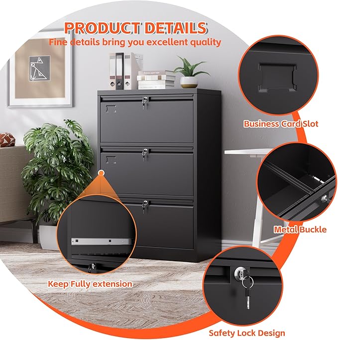 3 Drawer Lateral File Cabinet, Metal Lateral File Cabinets with Lock, Legal Size Steel Lateral Filing Cabinet for Office and Home