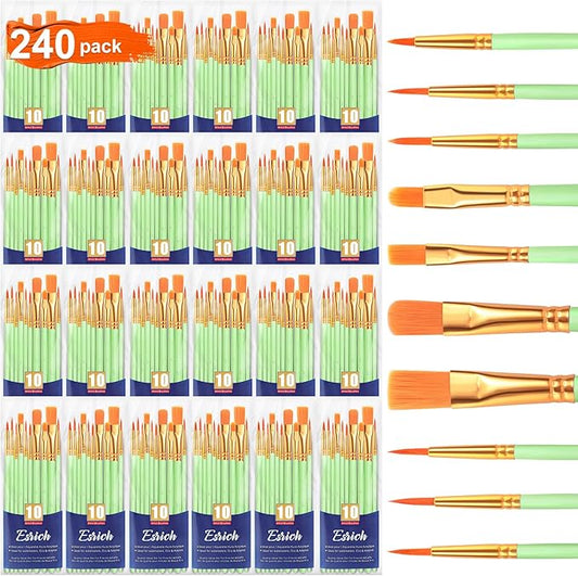 ESRICH Paint Brushes Set,24 Packs 240 Pcs Acrylic Paint Brush Set,Acrylic Oil Watercolor, Face Nail Art, Miniature Detailing,Rock Painting,Painting Artist Professional Kits(Green)
