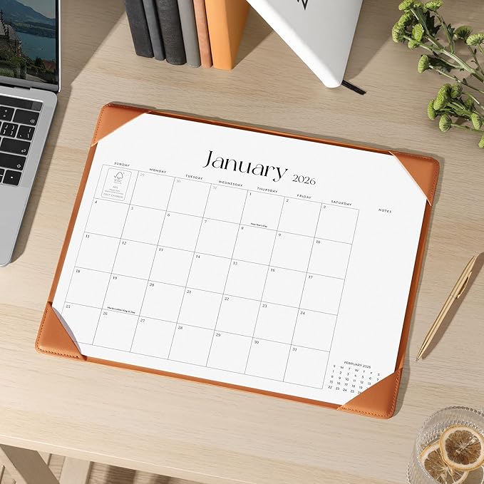 Simplified Desk Calendar 2026-2027 with Desktop Mat, Cabbrix Medium Desk Pad Calendar 15" x 12" Runs From January 2026 to June 2027, Desk Blotter Calendar for Home School and Office (Brown)