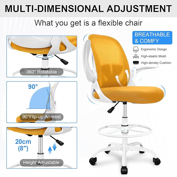 Primy Drafting Chair Tall Office Chair with Flip-up Armrests Executive Ergonomic Computer Standing Desk Chair with Lumbar Support and Adjustable Footrest Ring (Mustard)